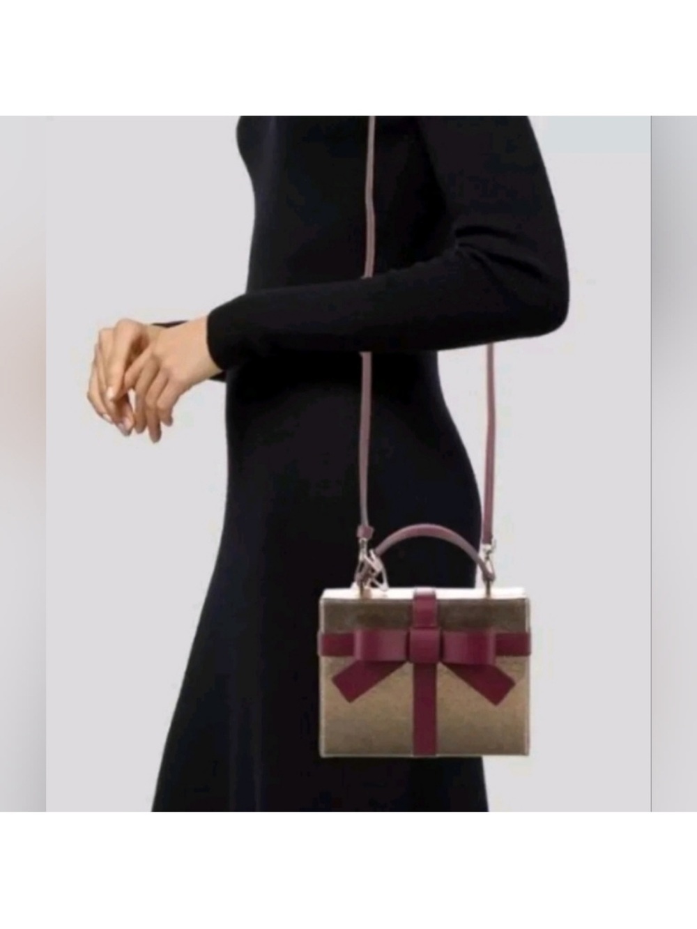 kate spade Wrapping Party Metallic Gold Mini Box Bag with Burgundy Bow NWT - Picture 2 of 14
